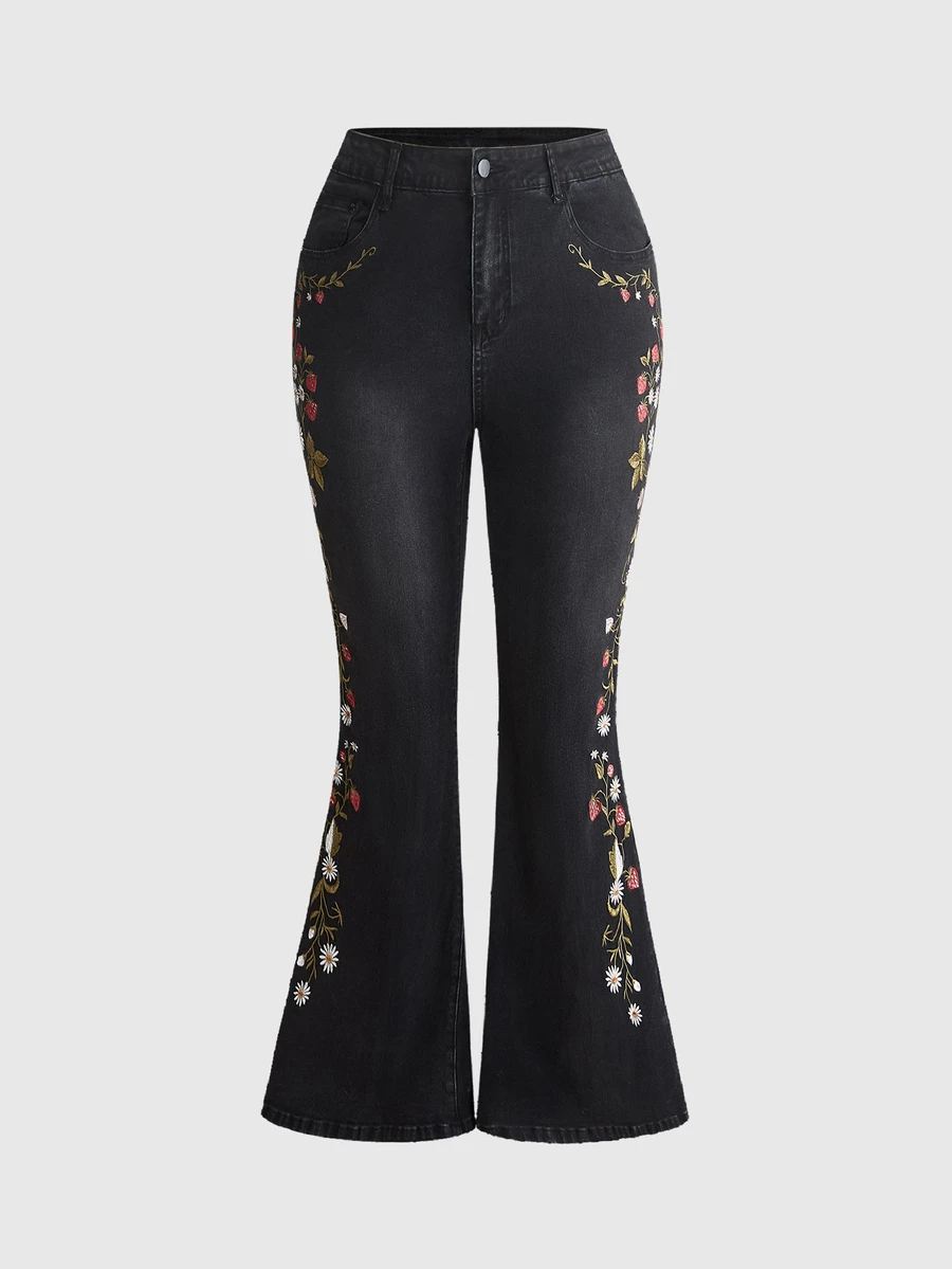ROMWE Fairycore Plus Size Mori Style Floral Rabbit Butterfly Print Butt Lifting Slimming Tight Flare Pants - Black - View 1