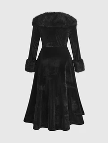 ROMWE Goth Style Plus Size Fur Collar Open Front Sleeve Patchwork Gold Velvet Long Sleeve Jacket Halloween - Black - View 2