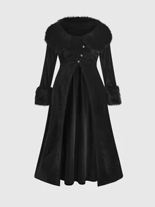 ROMWE Goth Style Plus Size Fur Collar Open Front Sleeve Patchwork Gold Velvet Long Sleeve Jacket Halloween - Black - View 1
