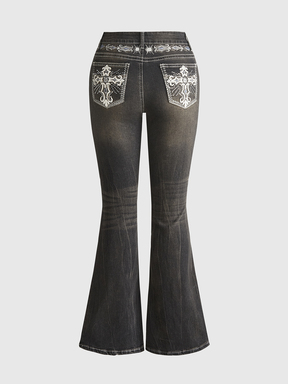 Grunge Punk Jeans acampanados con bordado de alas cruzadas en el bolsillo, estilo retro Y2K sexy y delgado para mujeres