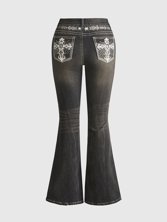 Grunge Punk Jeans a zampa di elefante slim con ricamo di ali e tasche in stile Y2K retrò e sexy per donne