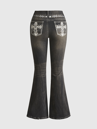 Grunge Punk Y2K Retro Millennium Sexy Pocket Cross Wing Embroidery Slim Flare Leg Jeans For Women
