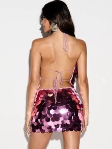 KIZN Disco Glam Large Paillette Sequin Halter Crop Top With Plunge Neckline And Open Back Tie Detail For Party Night Out Festival Season - Purple - View 4