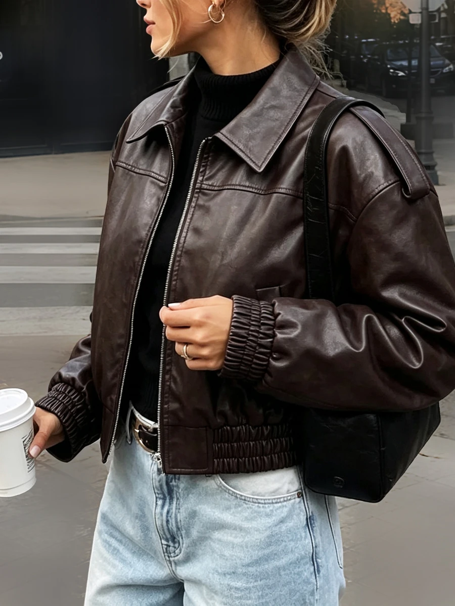 SHEIN PariChic 女款秋冬街頭休閒派對修身 PU 夾克外套 - 咖啡棕 - 查看 1