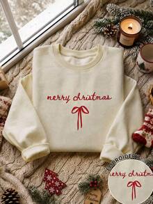 Resyla Plus Size Christmas Letter Bow Embroidery Fleece Sweatshirt - Beige - View 1