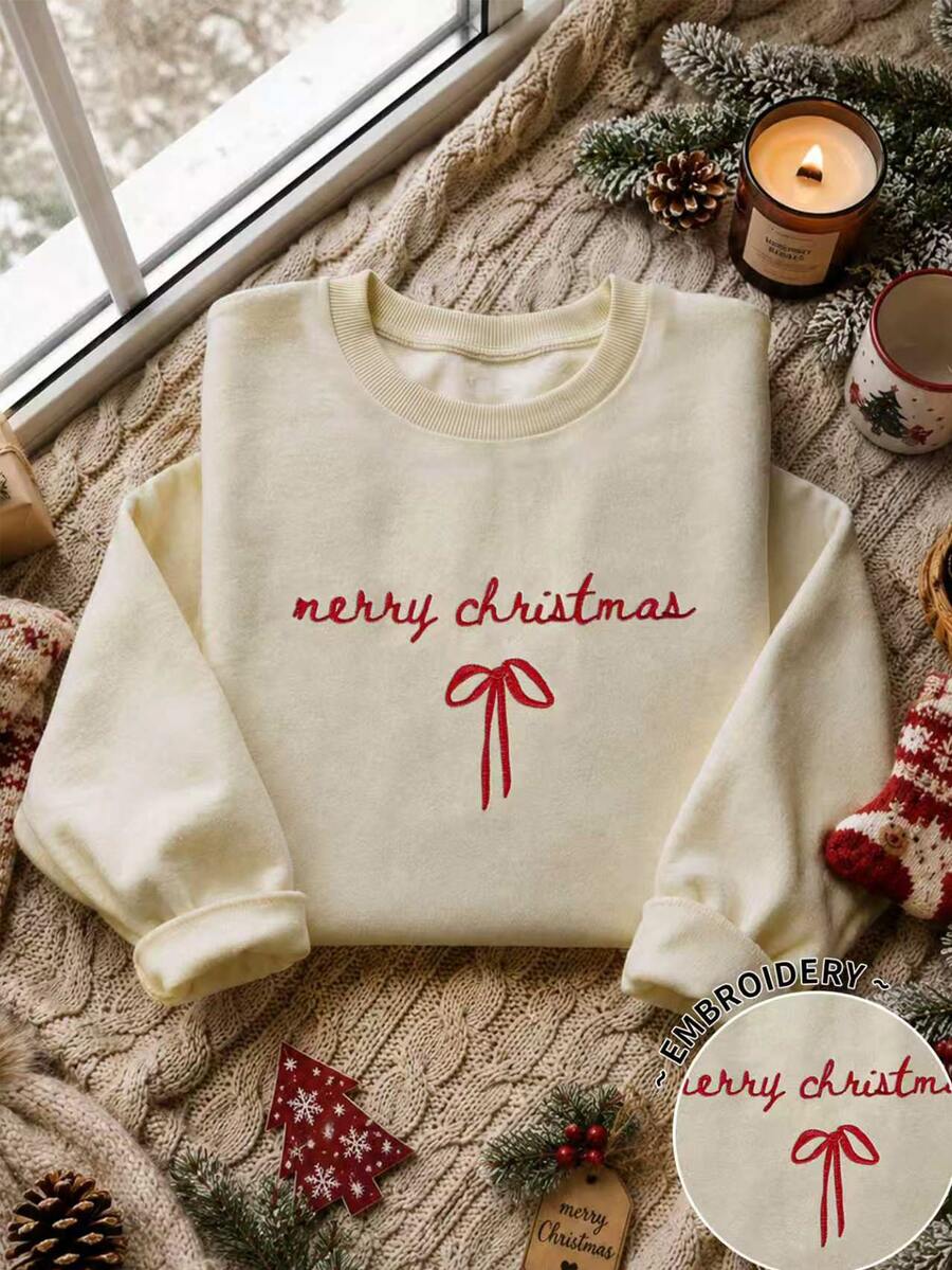 Resyla Plus Size Christmas Letter Bow Embroidery Fleece Sweatshirt - Beige - View 1
