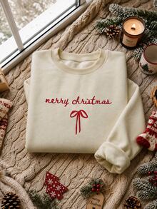 Resyla Plus Size Christmas Letter Bow Embroidery Fleece Sweatshirt - Beige - View 3
