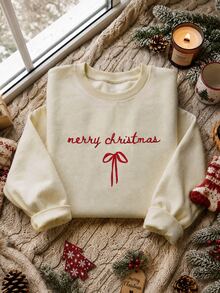 Resyla Plus Size Christmas Letter Bow Embroidery Fleece Sweatshirt - Beige - View 4