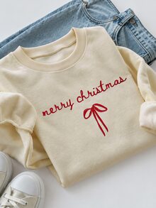 Resyla Plus Size Christmas Letter Bow Embroidery Fleece Sweatshirt - Beige - View 6