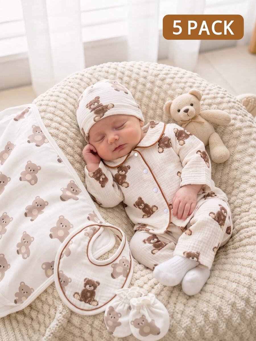 4pcs Newborn Cartoon Bear + Plaid Print Double Layer Gauze Home Set, Baby Lapel Open Front Long Sleeve Footed Pants, Soft Skin-Friendly, Suitable For Home And Outing, All Seasons Wear - Multicolor - View 1