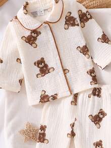 4pcs Newborn Cartoon Bear + Plaid Print Double Layer Gauze Home Set, Baby Lapel Open Front Long Sleeve Footed Pants, Soft Skin-Friendly, Suitable For Home And Outing, All Seasons Wear - Multicolor - View 6