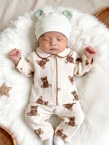 4pcs Newborn Cartoon Bear + Plaid Print Double Layer Gauze Home Set, Baby Lapel Open Front Long Sleeve Footed Pants, Soft Skin-Friendly, Suitable For Home And Outing, All Seasons Wear - Multicolor - View 5