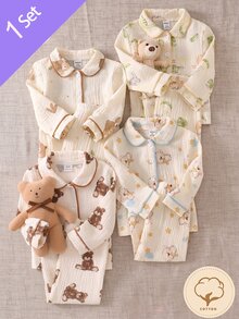 4pcs Newborn Cartoon Bear + Plaid Print Double Layer Gauze Home Set, Baby Lapel Open Front Long Sleeve Footed Pants, Soft Skin-Friendly, Suitable For Home And Outing, All Seasons Wear - Multicolor - View 2