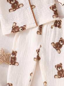 4pcs Newborn Cartoon Bear + Plaid Print Double Layer Gauze Home Set, Baby Lapel Open Front Long Sleeve Footed Pants, Soft Skin-Friendly, Suitable For Home And Outing, All Seasons Wear - Multicolor - View 4