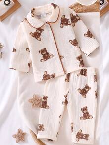 4pcs Newborn Cartoon Bear + Plaid Print Double Layer Gauze Home Set, Baby Lapel Open Front Long Sleeve Footed Pants, Soft Skin-Friendly, Suitable For Home And Outing, All Seasons Wear - Multicolor - View 7