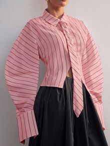Hauture Fashionable Elegant Commute Classic Striped Lapel Long Sleeve Tie Blouse For Women - Pink - View 4