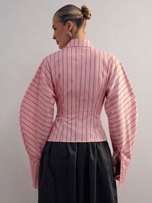 Hauture Fashionable Elegant Commute Classic Striped Lapel Long Sleeve Tie Blouse For Women - Pink - View 2