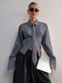 Hauture Fashionable Elegant Commuter Classic Striped Lapel Long Sleeve Tie Women's Shirt - Dark Grey - View 1