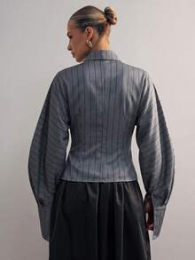 Hauture Fashionable Elegant Commuter Classic Striped Lapel Long Sleeve Tie Women's Shirt - Dark Grey - View 2
