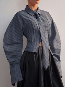 Hauture Fashionable Elegant Commuter Classic Striped Lapel Long Sleeve Tie Women's Shirt - Dark Grey - View 4