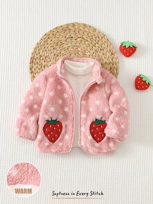 Cozy Pixies 女嬰粉色波點草莓3D圖案保暖內裡加厚長袖夾克冬季外套 百搭舒適 - 粉色 - 查看 1