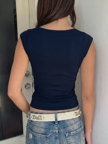 INAWLY Women's Solid Color Ruched Slim Fit Versatile Casual Sexy T-Shirt Night Out Club Night Out Navy Blue Summer - Blue - View 2