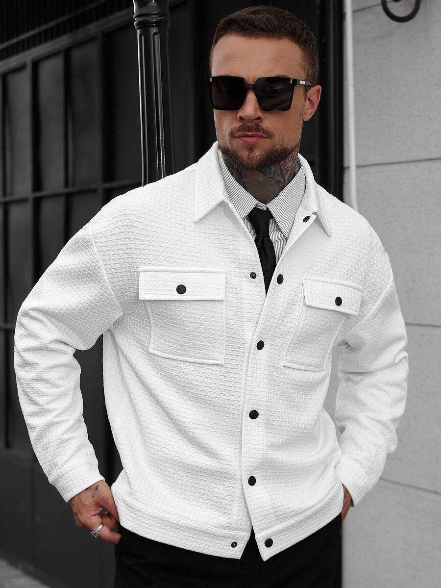 Manfinity CasualCool 2025 Men's White Casual Autumn Jacket,Versatile Holiday Button Up Shacket,Textured Workwear Pocket Shirt Jacket,Urban British Gentleman Style - White - View 1