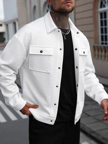 Manfinity CasualCool 2025 Men's White Casual Autumn Jacket,Versatile Holiday Button Up Shacket,Textured Workwear Pocket Shirt Jacket,Urban British Gentleman Style - White - View 3