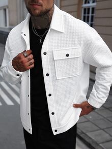 Manfinity CasualCool 2025 Men's White Casual Autumn Jacket,Versatile Holiday Button Up Shacket,Textured Workwear Pocket Shirt Jacket,Urban British Gentleman Style - White - View 6