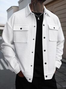 Manfinity CasualCool 2025 Men's White Casual Autumn Jacket,Versatile Holiday Button Up Shacket,Textured Workwear Pocket Shirt Jacket,Urban British Gentleman Style - White - View 4