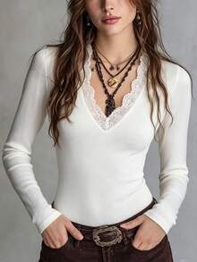 Zayélia Women's French Street Style Lace Patchwork Long Sleeve T-Shirt - White - View 1