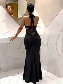 Slaydiva Shimmer Halter Corset Maxi Dress | Ruched Mermaid Floor Length Formal Gown For Evening Party & Nightclub Wear-A - Black - View 5