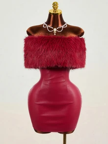 Mistrie Women's PU Leather Off-Shoulder Fur Collar Dress Halloween Party Club Burgundy Autumn Sexy - Burgundy - View 4