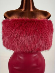 Mistrie Women's PU Leather Off-Shoulder Fur Collar Dress Halloween Party Club Burgundy Autumn Sexy - Burgundy - View 6
