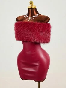 Mistrie Women's PU Leather Off-Shoulder Fur Collar Dress Halloween Party Club Burgundy Autumn Sexy - Burgundy - View 5