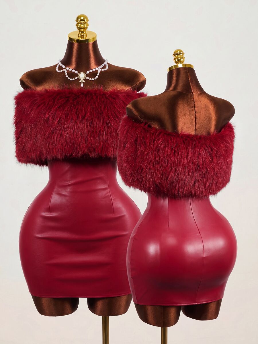 Mistrie Women's PU Leather Off-Shoulder Fur Collar Dress Halloween Party Club Burgundy Autumn Sexy