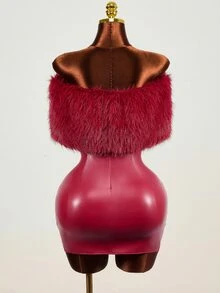 Mistrie Women's PU Leather Off-Shoulder Fur Collar Dress Halloween Party Club Burgundy Autumn Sexy - Burgundy - View 3