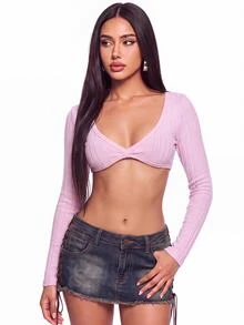 Sweetina 1pc Casual Solid Color Ultra Short Long Sleeve Y2K Pink Sexy T-Shirt, Suitable For Autumn - Pink - View 1