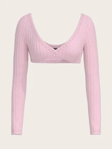 Sweetina 1pc Casual Solid Color Ultra Short Long Sleeve Y2K Pink Sexy T-Shirt, Suitable For Autumn - Pink - View 8