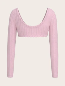 Sweetina 1pc Casual Solid Color Ultra Short Long Sleeve Y2K Pink Sexy T-Shirt, Suitable For Autumn - Pink - View 7