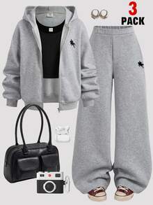SHEIN Girlism Kids Tween Girls Grey Graphic Striped Embroidery Zipper Hooded 3 Pieces Pullover Sweatshirt Sweatshirt Sweatpants Tracksuit Set Cozy Fall - Grey - View 1