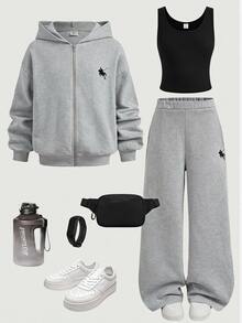 SHEIN Girlism Kids Tween Girls Grey Graphic Striped Embroidery Zipper Hooded 3 Pieces Pullover Sweatshirt Sweatshirt Sweatpants Tracksuit Set Cozy Fall - Grey - View 5