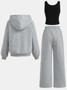 SHEIN Girlism Kids Tween Girls Grey Graphic Striped Embroidery Zipper Hooded 3 Pieces Pullover Sweatshirt Sweatshirt Sweatpants Tracksuit Set Cozy Fall - Grey - View 2
