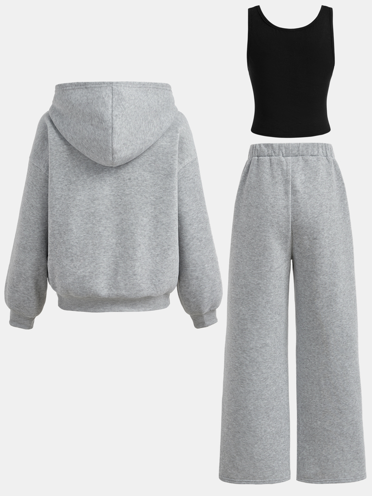 SHEIN Girlism 兒童青少年女孩灰色圖案條紋刺繡拉鍊連帽套頭衛衣＋運動長褲三件式運動服套裝，舒適秋季款 - 灰色 - 查看 2