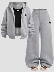 SHEIN Girlism Kids Tween Girls Grey Graphic Striped Embroidery Zipper Hooded 3 Pieces Pullover Sweatshirt Sweatshirt Sweatpants Tracksuit Set Cozy Fall - Grey - View 4