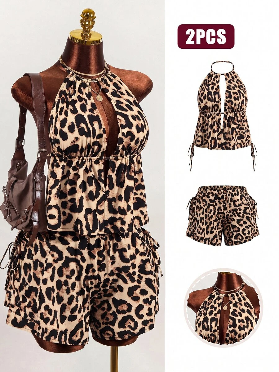 Mistrie Women's Beige Print Cutout Halter Tank Top And Shorts Set Beach Vacation Club Summer Sexy Tropical