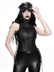 ROMWE Grunge Punk Hedi Outfits 秋季龐克萬聖節金屬孔眼繫帶設計 PU 修身背心 - 黑色 - 查看 7
