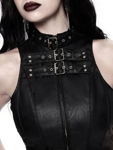 ROMWE Grunge Punk Hedi Outfits 秋季龐克萬聖節金屬孔眼繫帶設計 PU 修身背心 - 黑色 - 查看 5