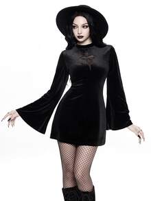 ROMWE Women's Short Cross Mesh A-Line Flare Sleeve Velvet Fabric Gothic Dress - Black - View 6