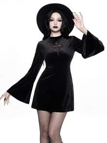 ROMWE Women's Short Cross Mesh A-Line Flare Sleeve Velvet Fabric Gothic Dress - Black - View 5